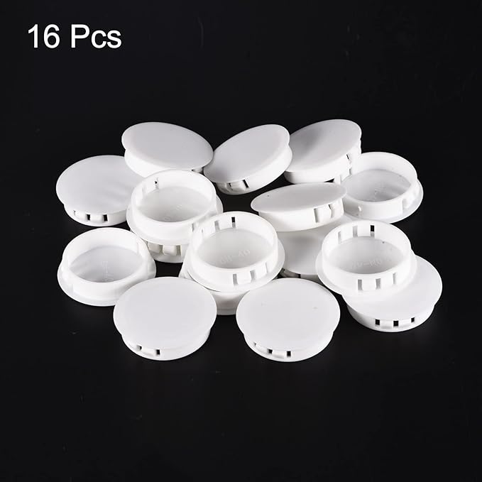 uxcell 1-9/16" Plastic Hole Plugs, 16Pcs Flush Type Panel Round Snap in Fastener Knockout Locking Plugs for Furniture Insert End Caps Panels, White