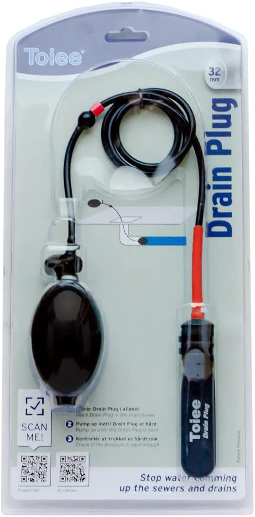 Drain Plug (32mm) Inflatable Pipe Plug, Pipe Stopper. The Toiee Drain Plug with Pump, 85cm Hose and Balloon. Stop Water coming up into the Sewage Line or Drain