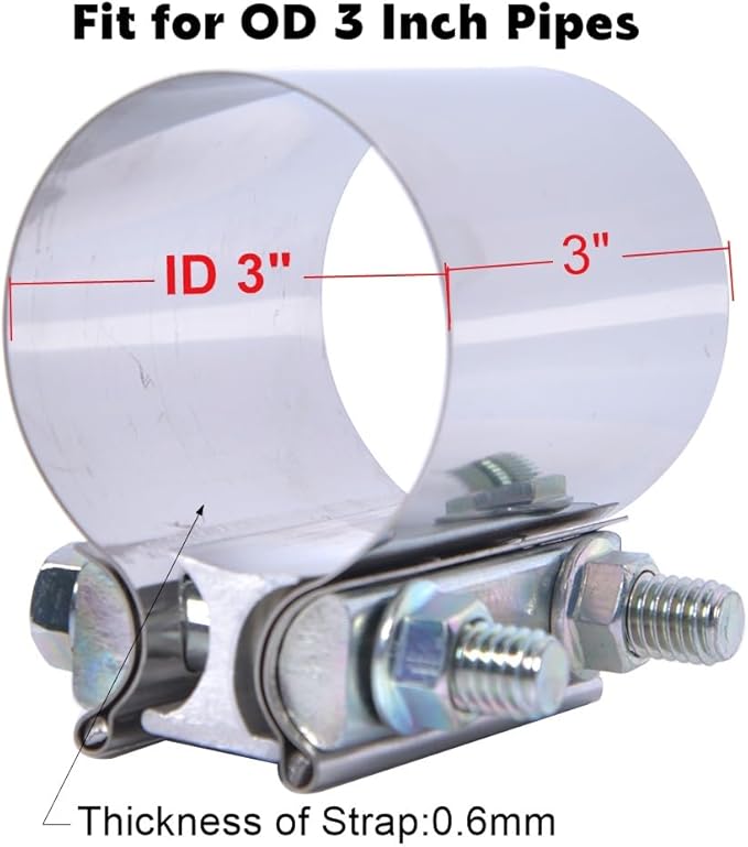 3 inch Exhaust Lap Joint Butt Clamp, Stainless Steel 3" Muffler Band Clamp fit over OD 3 inch Pipes