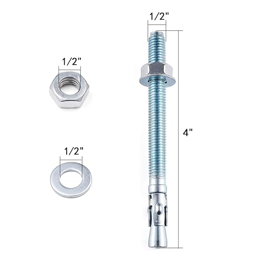 10 Pcs 1/2"x4" Wedge Anchors Zinc Coated for Heavy Duty Concrete Wall Anchor Cement Wall Base Bracket