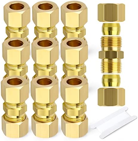 GASHER 10PCS Brass Compression Tube Pipe Fitting Connector, 1/4" Tube OD x 1/4" Tube OD Connector