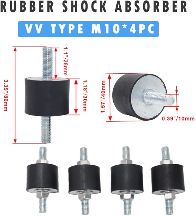 M10 Rubber Studs Shock Absorber Anti-Vibration Isolator Mounts, Rubber Cylindrical Vibration Isolation Mount, for Air Compressors Garage Motor Diesel Engines with Non-Slip Nuts, 4 Pack Double Stud