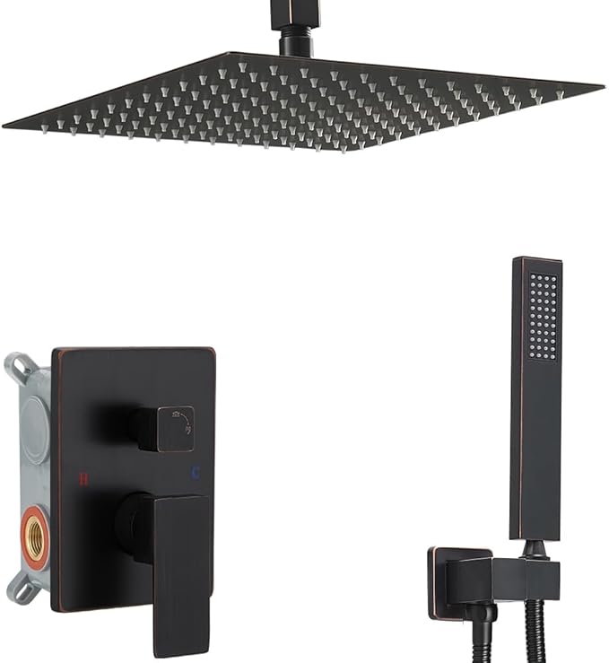 Oil Rubbed Bronze Shower System Bathroom 16 Inch Rain Shower Head Ceiling Mount with Handheld Luxury High Pressure Shower Combo Set Shower Faucet Rough-in Valve Body and Trim Kit