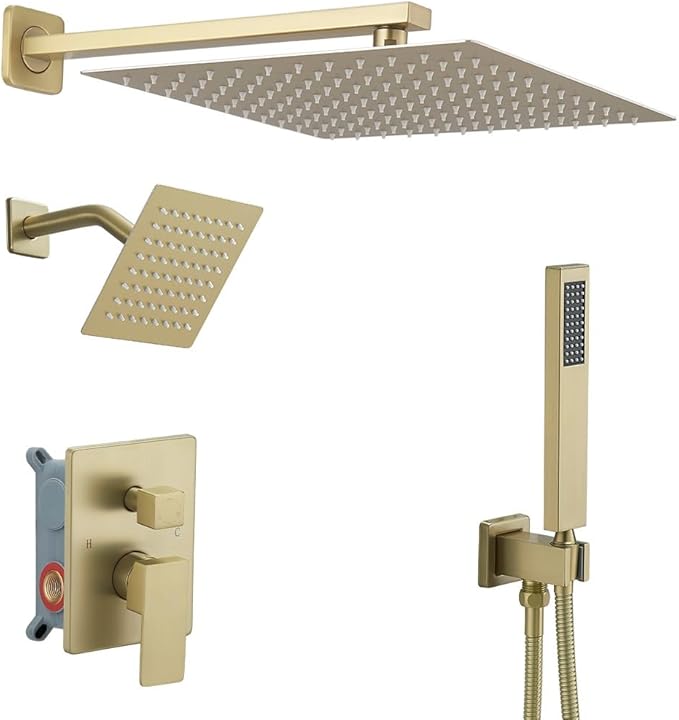 Shower Faucet Set Brushed Gold Shower System, Knob Switch Diverter Shower Faucet with High Pressure Handheld Spray, Wall Mount 12 Inch Shower Head with 6 Inch Wall Mount Shower Head