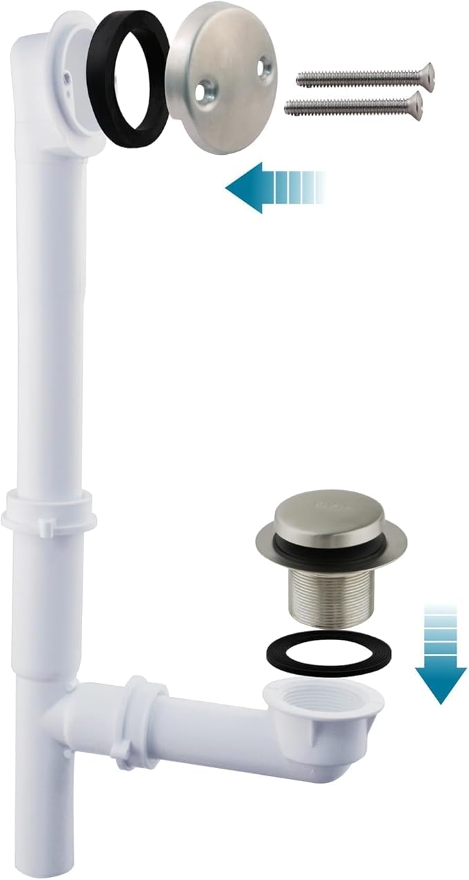 Tubular Bath Tub Drain Kit 1-1/2" with Brushed Tip-Toe Bathtub Drain Stopper, Welsan Touch-Toe Bath Plug Waste and Overflow Face Plate, PVC Plastic Pipe (Brushed Nickel)