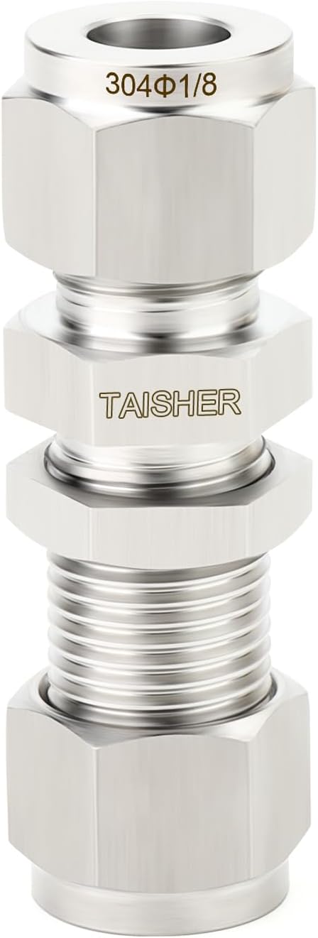 TAISHER 1PCS 304 Stainless Steel Thru-Bulk Bulkhead Compression Tube Pipe Fitting Connector, 1/8" Tube OD x 1/8" Tube OD Straight Adapter