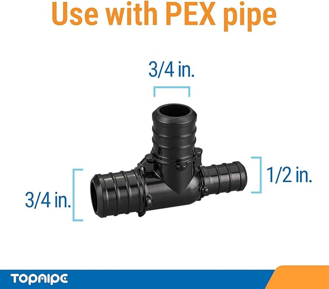 (Pack of 5) Topaipe 3/4 x 1/2 x 3/4 Inch PEX Poly Crimp Reducing Tee, PPSU Fitting for PEX Tubing, PERT, ASTM F2159