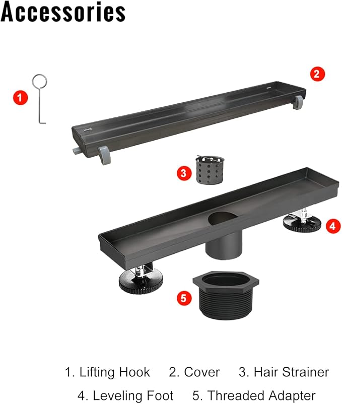 SaniteModar Linear Shower Drain, Black Shower Drain 12 inch with Flat & Tile Insert 2 in 1 Panel, Black Shower Floor Drain with Hair Strainer and Leveling feet