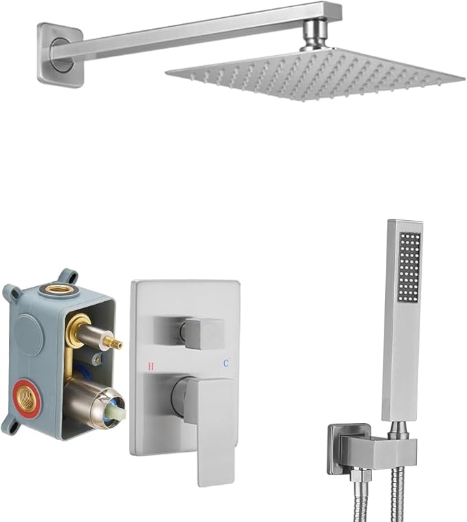Brushed Nickel Shower System Bathroom Luxury Rain Mixer Shower Combo Set Wall Mounted Rainfall Shower Head System Shower Faucet Rough-in Valve Body and Trim Kit