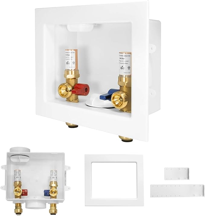 30-PACK GUOFIS Washing Machine Outlet Box with Copper Water Hammer Arrestor, PEX Laundry Washer Box with Central and Side Drain Design(1/2"Push-fit Connection Inlet X 3/4"MHT Outlet)(WM015-30Pack)