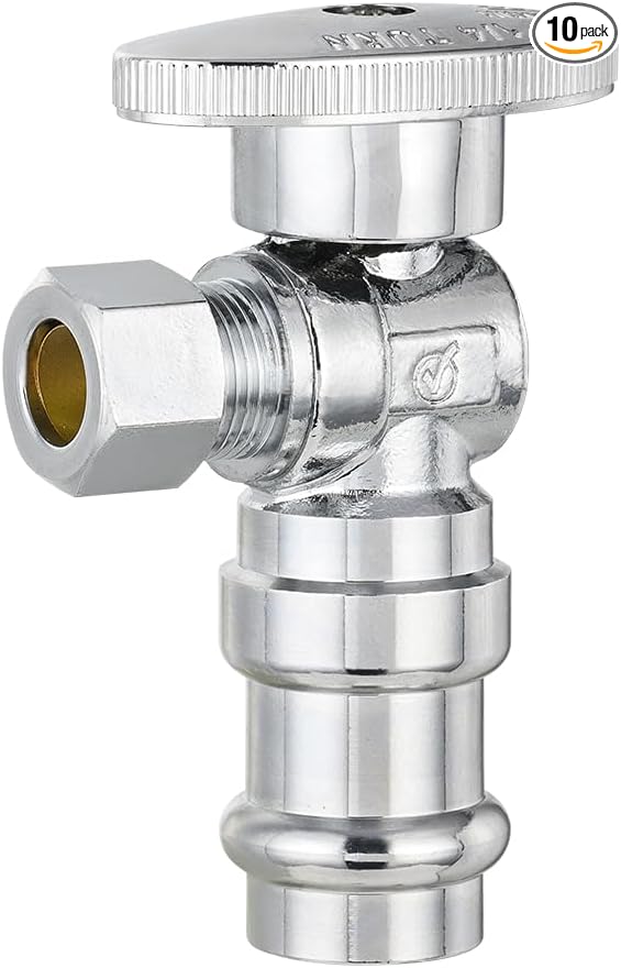 (Pack of 10) EFIELD Stop Angle Valve, 1/2" Copper Press x 3/8" OD Compression, 1/4 Turn, LF Brass Made, Chrome Plated,(VALVE393)