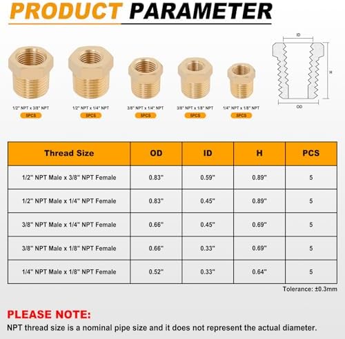 KOOTANS 25PCS Brass Hex Bushing Kit Brass Fittings Assortment 1/4" to 1/8", 3/8" to 1/8", 3/8" to 1/4", 1/2" to 1/4", 1/2" to 3/8" NPT Reducer Pipe Fittings Adapter Fitting
