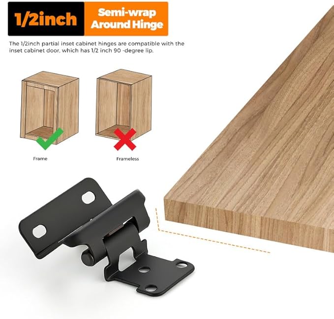 Ravinte 30 Pack 15 Pairs Semi-Overlay 1/2 inch Self-Closing Face Frame Cabinet Hinges Matte Black Half Wrap-Around Kitchen Cabinet Door Hinges Face Mount Cabinet Hardware
