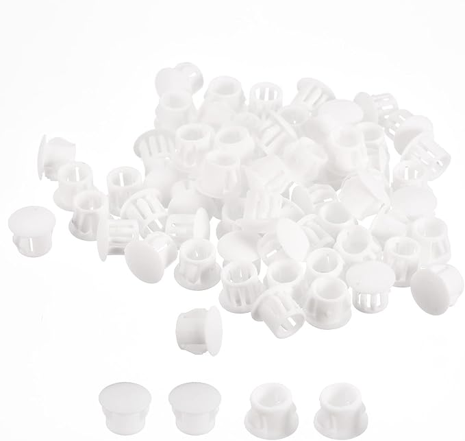 uxcell 3/8" Plastic Hole Plugs, 110Pcs Flush Type Panel Round Snap in Fastener Knockout Locking Plugs for Furniture Insert End Caps Panels, White