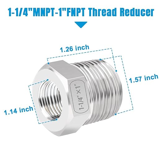 Quickun Stainless Steel Reducer Hex Bushing, 1-1/4" Male NPT to 1" Female NPT, Reducing Bushing Pipe Hose Fitting(Pack of 1)