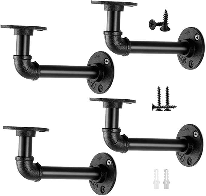 Janyang Industrial Pipe Shelf Brackets for 8 10 12 14 inches Board, Iron L Pipe Floating Shelves, Heavy Duty Metal Shelving Brackets - 4 Pack Black