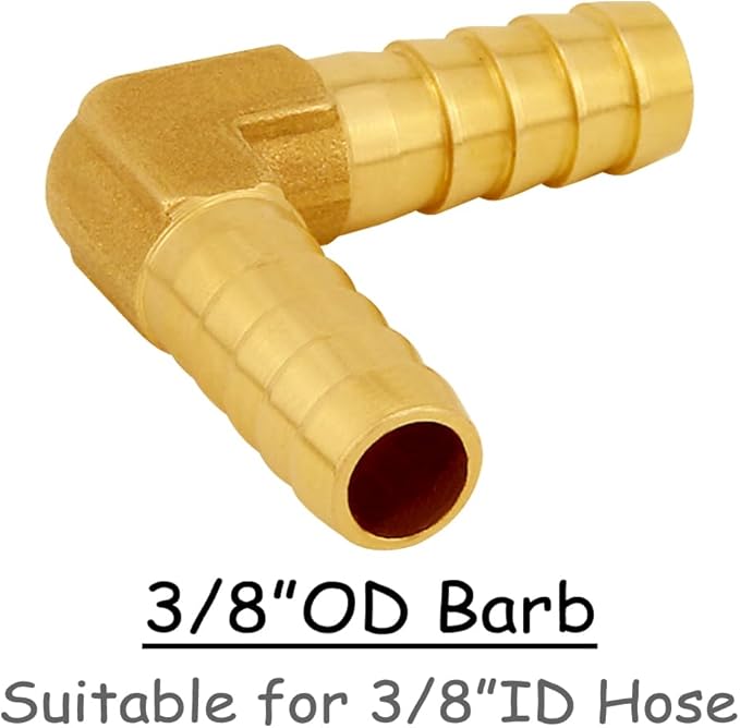 6PCS Solid Brass 3/8"OD Barb Elbow Fittings 2-Way 90 Degree L Right Angle Barbed Fitting for Water/Oil/Gas