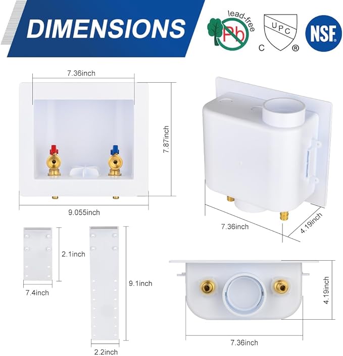 EFIELD Universal Washing Machine Outlet Box, 1/2-inch Pex Crimp Inlet x 3/4 inch MHT Outlet Connection, Center Drain,(WM048)