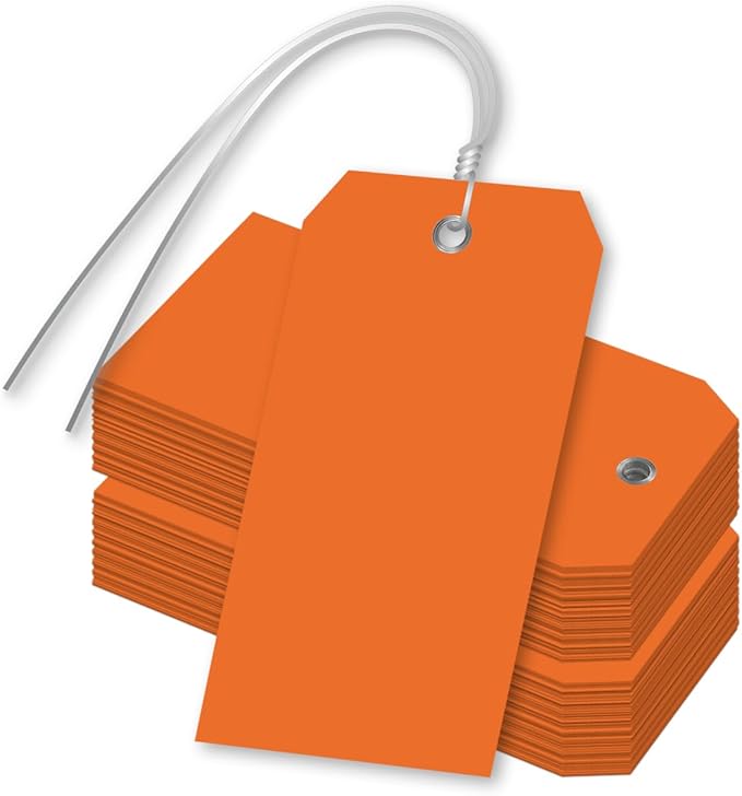 SmartSign Orange Plastic Tags with Pre-Attached Wires - 100-Pack, 4.75" x 2.375", Size#5, 10 mil Thick Tear-Proof Polylith Plastic Tags with Metal Eyelet, Writable Blank Tags for Shipping, Labeling