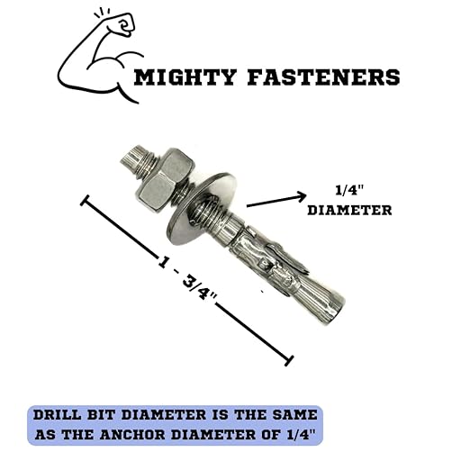 Wedge Anchors – Heavy-Duty 304 Stainless Steel Expansion Bolts for Concrete & Masonry, Rust-Resistant & Durable - 1/4" X 1-3/4" - 25 Pack
