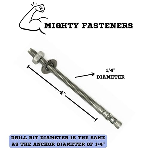 Wedge Anchors – Heavy-Duty 304 Stainless Steel Expansion Bolts for Concrete & Masonry, Rust-Resistant & Durable - 1/4" X 4" - 50 Pack