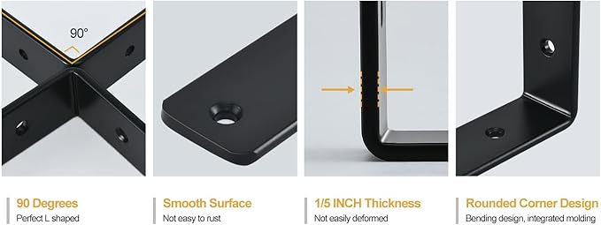 8 Pack - L 12" x H 8" x W1.5, 5mm Thick Black L Shelf Bracket, Iron Shelf Brackets, Metal Shelf Brackets, Floating Shelf, Shelf Supports with Screws