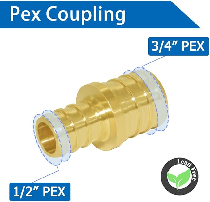 Hooshing 10PCS PEX Fittings 3/4" to 1/2" Reducing Coupling Solid Brass Barb Crimp For PEX B Pipe Hose Fittings