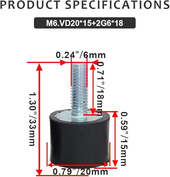 4 Pcs M6 20 x 15 mm Rubber Isolator Mounts Single Stud Shock Absorber with 4 Pcs Locknuts, Cylindrical Anti Vibration Isolation Damping Mounts for Compressors Pumps Generators Motor Engines