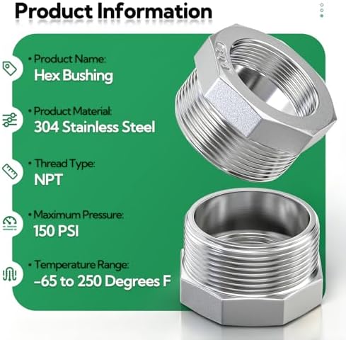 TAISHER 2PCS 304 Stainless Steel Reducer Hex Bushing, 1-1/2" NPT Male x 1/2" NPT Female, Reducing Pipe Adapter Fitting