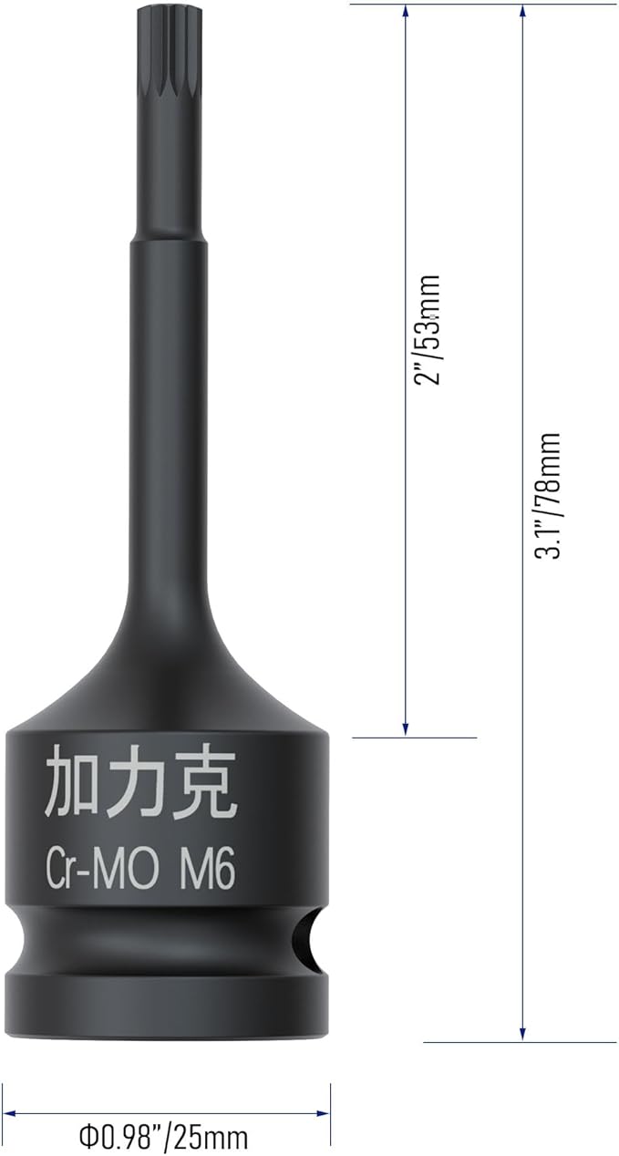 1/2-Inch Drive x M6(6mm） Impact XZN Triple Square Spline Bit Socket, Metric Lengthen Screwdriver Socket Adapter, 3-Inch Length, CR-MO Steel, One-Piece Construction, Black