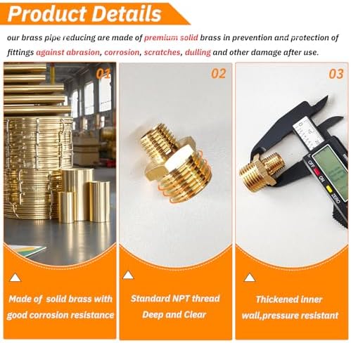 2pcs 1/2" NPT x 1/4" NPT Brass Nipple, 1/2 to 1/4 Adapter Fitting Reducing Solid Hex Brass Nipple, 1/2 Male to 1/2 Male Reducer Pipe Fittings for Extending and Connecting Pipes