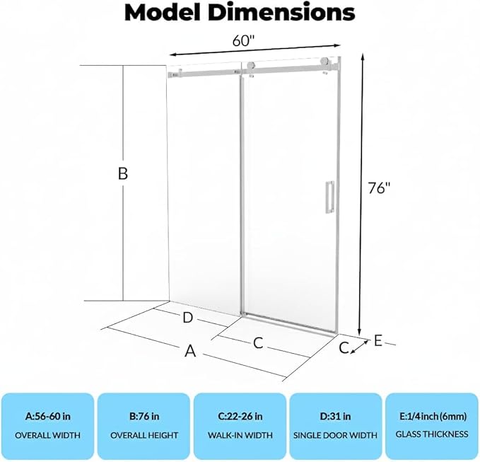 Frameless Sliding Shower Door Enclosure - 56 to 60 Inch Adjustable Width x 76 Inch Height, 6mm Coated Tempered Safety Glass with Easy Clean, Square Stainless Steel Rail, Brushed Finish