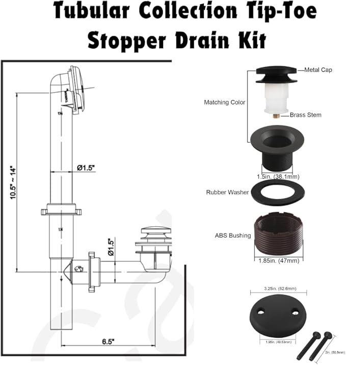 1-1/2"" White Tubular Bath Drain Kit with Tip-Toe Bath Drain Stopper, Touch-Toe Tub Drain, Tip Toe Bathtub Drain Waste and Overflow With Plug and Bathtub Overflow Drain Cover (Plated Chrome)