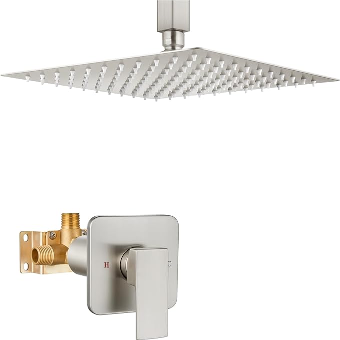 Heyalan Shower Faucet Set Square Stainless Steel Bathroom Rainfall Shower System One Handle Single Function Shower Trim Kit with Rough-in Valve Male Thread,Ceiling Mount,12 Inch,Brushed Nickel