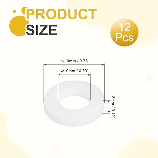 MECCANIXITY PTFE Flat Washers, 12Pack 19mm OD 10mm ID 3mm Thick Sealing Spacer Gasket Ring for Faucet Pipe Hose Bolt Machinery, White