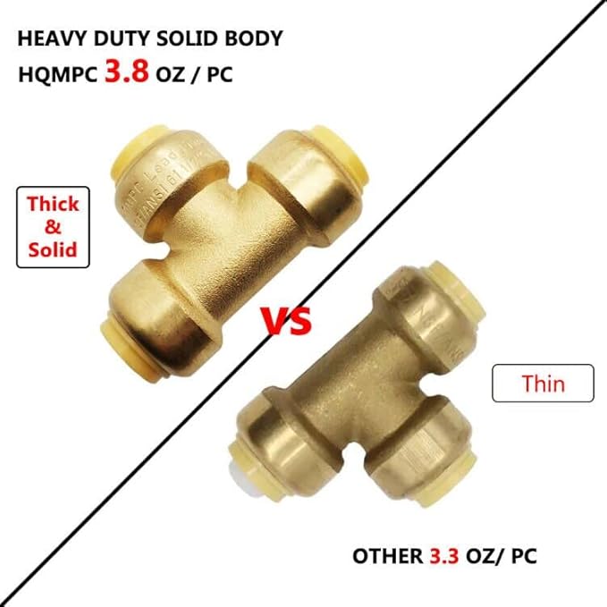 HQMPC 1/2" Pex Fitting Pex Tee 6pcs Push Fit Plumbing Tee, Push-to-Connect Plumbing Fittings, Brass Pipe Connector T Fittings for Copper, PEX, CPVC, No Pb (6, 1/2 Inch)