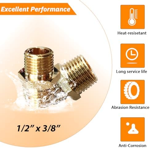 2pcs 1/2" NPT x 3/8" NPT Brass Nipple, 1/2 to 3/8 Adapter Fitting Reducing Solid Hex Nipple, Brass 1/2 Male to 3/8 Male Reducer Pipe Fittings for Extending and Connecting Pipes