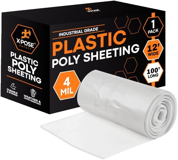 Xpose Safety Clear Plastic Sheeting – 12' x 100' Roll – Heavy Duty 4 Mil Poly Sheet – Waterproof, Dustproof, Vapor Barrier – for Construction, Painting, Industrial Use