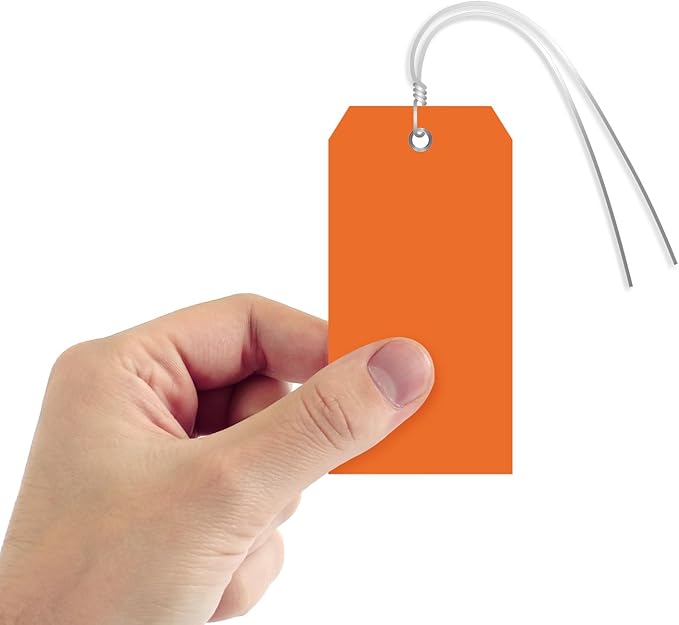 SmartSign Orange Plastic Tags with Pre-Attached Wires - 100-Pack, 4.75" x 2.375", Size#5, 10 mil Thick Tear-Proof Polylith Plastic Tags with Metal Eyelet, Writable Blank Tags for Shipping, Labeling