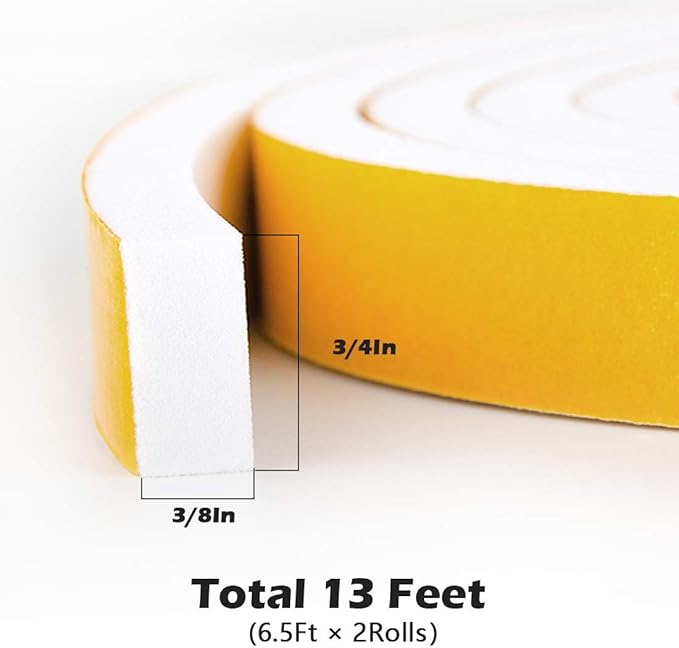 White Door Window Weather Stripping Self Adhesive Foam Tape High Density Foam Sealing Strip Window Insulation Weatherproof Gasket Tape, 3/4" Wide X 3/8" Thick, 6.5 Ft X 2 Rolls, Total 13 Feet