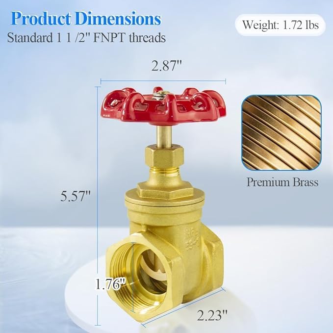 WiseWater 1 1/2" NPT Brass Gate Valve, Rotating Sluice Valve Two-way Flow Manual Rotary Sluice Valve for Mechanical Equipment Industaril Household Use (DN40)