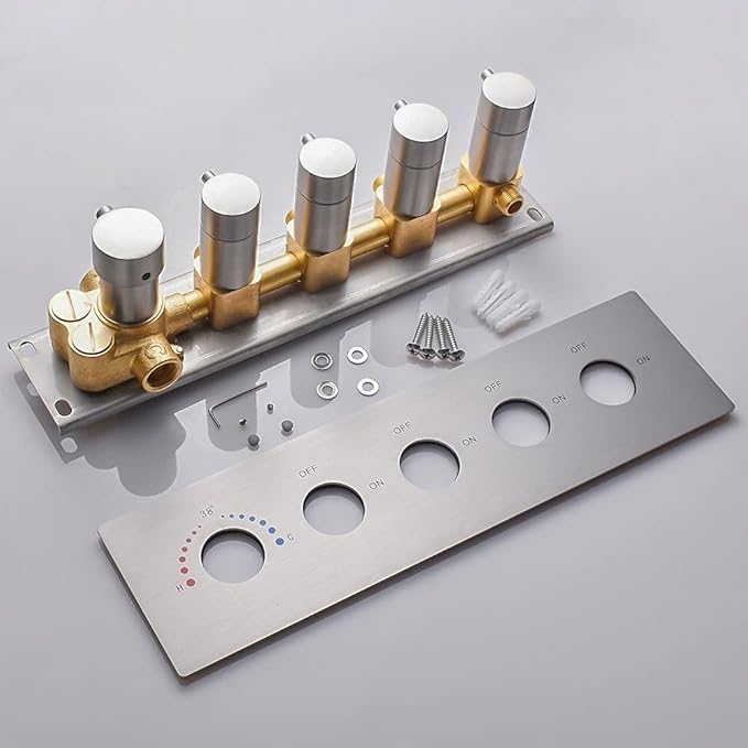 AYIVG Brass Concealed 4-Way Thermostatic Valve Pressure Balanced Shower Mixer with S5 Round Handles (Can Simultaneous Operation, Flows Can Be Controlled Brushed Nickel)