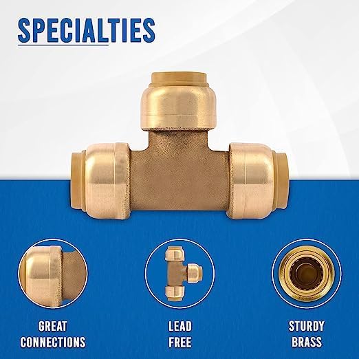 Push Fit Plumbing Tee - Push-to-Connect Plumbing Fittings - Straight/Elbow/Tee Plumbing Fitting with 31/2" Disconnect Clip - Push fit Fittings for Copper Copper, PEX, CPVC Pipe (1/2", 10)