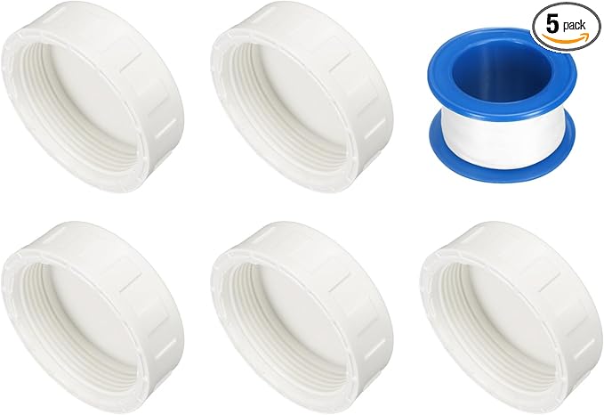 uxcell 5Pcs 2 Inch PT Female Thread PVC Pipe Fitting Cap, Cleanout Water Drain End Caps, Pipe Plug Socket Fittings with Tape for Water Heater Supply Lines, Plumbing, White