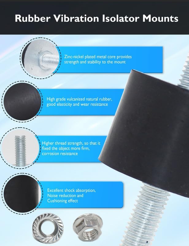 M12 Rubber Vibration Isolator Mounts Double Stud Shock Absorber Isolation Anti Vibration Silent-Blocks for Car Boat Bobbins Motors Compressors Pumps, 4pcs M12x37-60x50mm with 8pcs LockNuts