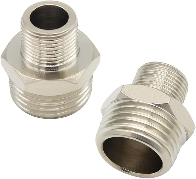 Hooshing 2PCS 1/2 to 3/8 Reducer RV Faucet Adapter Brass Pipe Fitting 3/8 Male to 1/2 Male Water Line Adapter for RV Kitchen Bathroom Plumbing with Washers