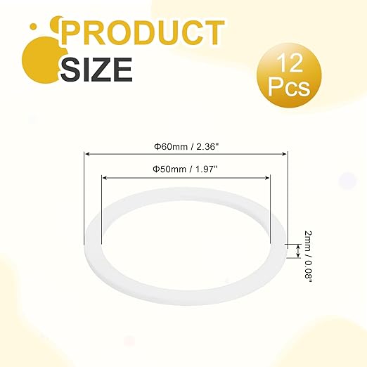 MECCANIXITY PTFE Flat Washers, 12Pack 60mm OD 50mm ID 2mm Thick Sealing Spacer Gasket Ring for Faucet Pipe Hose Bolt Machinery, White