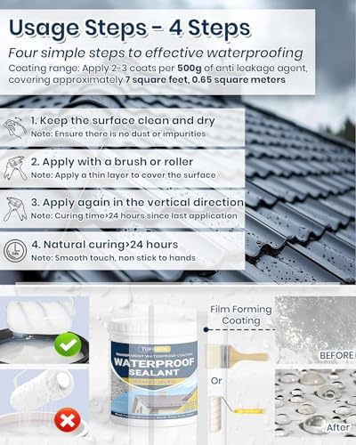Waterproof Sealant 17.6 Oz Clear, TUFINEIN Transparent Waterproof Coating Water-Based Invisible Agent Roofs, Walls, Garden, Terraces Indoor & Outdoor