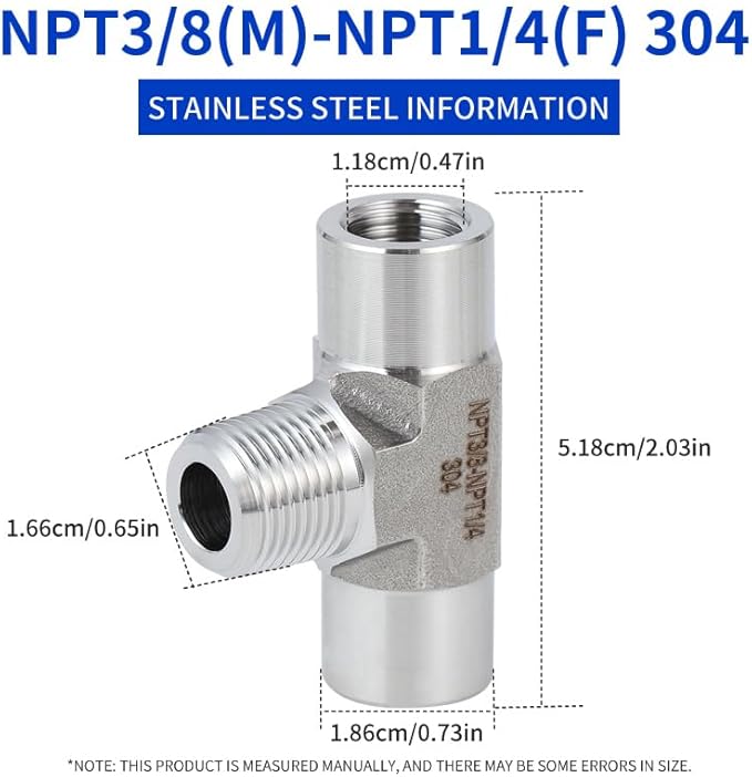2 piece,NPT1/4 Female - NPT3/8 Male - NPT1/4 Female tee, 3WayConnector, Fabricate of 304 Stainless Steel.