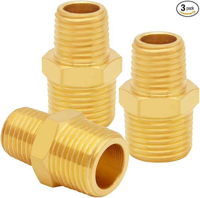 3PCS Brass Reducer Adapter, 1/4" NPT Male to 1/2" NPT Male Thread, Hex Reducing Pipe Fitting Coupler Nipple Connector for Water/Oil/Gas